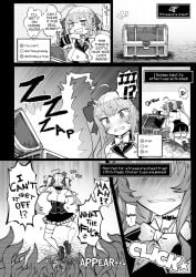 ahoge blonde_hair blush breasts camera choker cursed_item doujinshi ero_trap_dungeon female hair_ribbon huge_breasts kagami_uekusa livestream long_hair monster nijisanji recording red_eyes school_uniform scythe stats takamiya_rion tentacle text thick_thighs thighhighs thighs traps twintails video_game_mechanics virtual_youtuber weapon