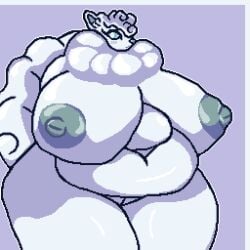 1:1 2025 alolan_form alolan_vulpix anthro areola belly big_belly big_breasts big_nipples blue_and_white blue_eyes blue_nipples blue_nose blush breasts circle_eyebrows deep_navel eye_contact eyebrows eyelashes female fur generation_7_pokemon genitals hair head_tuft huge_belly huge_breasts huge_hips huge_thighs inner_ear_fluff looking_at_another luef monochrome navel neck_tuft nintendo nipple_dip nipples overweight overweight_anthro overweight_female pokemon pokemon_(species) regional_form_(pokemon) simple_background solo tail tail_tuft thick_thighs tuft white_body white_fur white_hair wide_hips