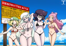 4girls beach bianca_(pokemon) big_breasts bikini bikini_bottom bikini_top black_bikini blonde_female blonde_hair glasses grey_hair medium_breasts melony_(pokemon) miriam_(pokemon) navel pink_bikini pink_hair pokemon pokemon_bw2 pokemon_sm pokemon_ss pokemon_sv pokemon_usm red_bikini small_breasts thighs tony_x_play tonyxplay violet_hair white_bikini wicke_(pokemon)