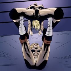 breasts deviantart exposed_breasts exposed_nipples female female/female hard_nipples humiliated humiliating humiliation romero_special straining stretching submission_hold wrestling wrestling_ring