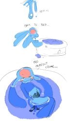 2025 ambiguous_gender blue_goo blue_slime boxwater brain comic digital_drawing_(artwork) digital_media_(artwork) english_text giggle goo_creature goo_humanoid humanoid oil organs partially_submerged pool rits_(boxwater) simple_background slime solo text water white_background