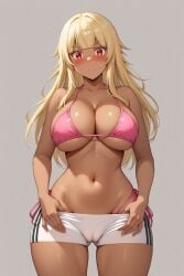 1girl ai-created ai_generated bangs bare_arms bare_shoulders bikini bikini_bottom bikini_under_shorts blonde_hair blunt_bangs blush bodily_fluids breasts cameltoe clavicle cleavage closed_mouth clothes_pull clothing dark-skinned_female dark_skin eyebrows female female_only gluteal_fold gokukoku_no_brynhildr groin high_resolution large_breasts long_hair looking_at_viewer midriff navel pink_bikini pink_swimsuit portrait red_eyes rena_aikawa_(pixiv_user) shiny shiny_skin short_shorts shorts shorts_pull side-tie_bikini side-tie_bikini_bottom side-tie_clothing side-tie_swimsuit sidelocks skindentation smile solo standing stomach string_bikini striptease sweat sweatdrop swimsuit tachibana_mina_(gokukoku_no_brynhildr) tanned thigh_gap thighs underboob underwear white_shorts wide_hips
