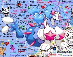 big_ass big_breasts big_butt blue_eyes blue_hair blue_tail blush breasts clown_nose cracking_ground female generation_7_pokemon giantess hawaii huge_ass huge_breasts huge_butt larsspawn pearls pixel_art pokemon primarina sea_lion seal seashell starfish_(accessory) starfish_hair_ornament starfish_pasties watermark white_body wplace writing
