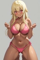 1girl ai-created ai_generated bangs bare_arms bare_shoulders barefoot bikini bikini_bottom blonde_hair blush breasts cameltoe clavicle cleavage closed_mouth clothing dark-skinned_female dark_skin feet female female_only gluteal_fold gokukoku_no_brynhildr halterneck high_resolution kneeling large_breasts long_hair looking_at_viewer navel pink_bikini pink_swimsuit portrait red_eyes rena_aikawa_(pixiv_user) side-tie_bikini side-tie_bikini_bottom side-tie_clothing side-tie_swimsuit smile solo standing stomach string_bikini striptease swimsuit tachibana_mina_(gokukoku_no_brynhildr) thighs