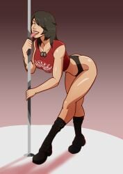 1girls black_hair boots dog_tags green_eyes hornyjaillifer panties pole_dancing rubi_malone stripper_pole tank_top tongue_out wet_(game)