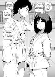 bulge clothing_bulge english_text erection erection_under_clothes fully_clothed futa_on_male futanari hand_on_head intersex judo makin_tama male monochrome penis small_but_hung