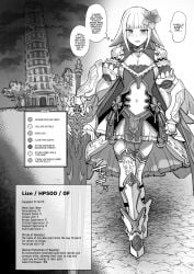armor blue_hair blush breasts broadsword camera doujinshi dungeon ero_trap_dungeon female flower_in_hair kagami_uekusa large_breasts livestream lize_helesta midriff monochrome nijisanji recording stats streaming sword text traps twitch_chat two-tone_hair video_game_mechanics virtual_youtuber white_hair