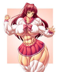 1girls abs biceps big_breasts breasts cleavage clothing collarbone extreme_muscles female female_only gold_eyes highres huge_breasts huge_thighs japanese_clothes kousaka_tamaki large_breasts long_hair looking_at_viewer muscle muscles muscular muscular_female muscular_legs navel no_panties pose purukogi_(plasma_beach) red_hair ribbon school_uniform seductive_smile short_shirt simple_background skirt smile solo stockings stomach thick_thighs thighs to_heart_(series) to_heart_2 underboob zettai_ryouiki