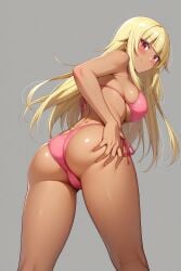 1girl ai-created ai_generated ass back bangs bare_arms bare_shoulders bikini bikini_bottom blonde_hair blunt_bangs blush breasts closed_mouth clothing dark-skinned_female dark_skin female female_only from_behind gokukoku_no_brynhildr halterneck hand_on_own_ass high_resolution kneepits large_breasts long_hair looking_at_viewer looking_back medium_breasts navel pink_bikini pink_swimsuit portrait red_eyes rena_aikawa_(pixiv_user) shiny shiny_skin side-tie_bikini side-tie_bikini_bottom side-tie_clothing side-tie_swimsuit sideboob sidelocks skindentation smile solo standing string_bikini striptease swimsuit tachibana_mina_(gokukoku_no_brynhildr) thighs