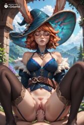 1boy 1boy1girl 1girls ai_generated animal_ears artist_name aurora_(league_of_legends) bare_shoulders black_thighhighs blue_headwear bottomless breasts brown_hair cleavage closed_eyes clothed_sex corset cowgirl_position cum cum_in_pussy cum_overflow day ears_through_headwear erection facing_viewer female female_pubic_hair fur_trim garter_straps glasses hat hi_res jewelry large_breasts league_of_legends lips m_legs male mole mole_on_stomach navel orange_hair outdoors patreon_username penis pov pubic_hair pussy r34arts rabbit_ears riot_games round_eyewear sex short_hair signature solo_focus spread_legs squatting_cowgirl_position straddling straight thighhighs uncensored vaginal_penetration vaginal_sex veins veiny_penis witch_hat