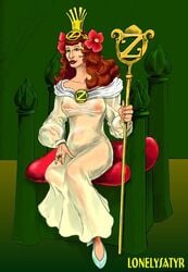 1girls arms breasts brown_hair crown curly_hair female female_only green_eyes hands legs lipstick lonelysatyr long_hair nipples princess princess_ozma see-through see-through_clothing sitting sitting_down sitting_on_chair smile solo the_wizard_of_oz