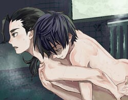 2boys anal artist_request black_hair blue_hair closed_mouth doggy_style gay half-closed_eyes human human_only long_hair looking_at_another male male_only moaning multiple_boys multiple_males nude open_mouth rossiu_adai sex short_hair simon_(tengen_toppa_gurren_lagann) smile sweat tagme tengen_toppa_gurren_lagann yaoi