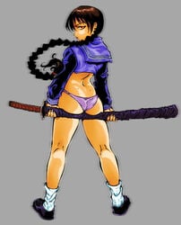 1girls ass black_hair blood+ blood_the_last_vampire braid katana lipstick long_hair looking_at_viewer looking_back loose_socks otonashi_saya panties ponytail shirt shoes short_hair socks solo solo_female sword tazz tied_hair underwear vampire weapon white_socks