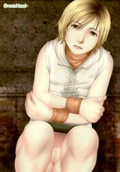 1girls blonde_hair casual female greenhand heather_mason human no_panties outerwear pale_skin pussy short_hair silent_hill silent_hill_3 solo uncensored upskirt wristwear