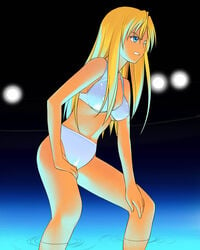 bikini blonde_hair blue_eyes clenched_teeth erect_nipples hand_on_thigh kaleido_star layla_hamilton long_hair solo swimsuit wading water white_bikini wince wink