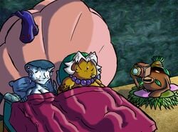 1girls 2boys after_sex bare_shoulders beads bed big_breasts blue_skin breasts business_scrub camera cleavage deku_(tloz) deku_scrub female goron goron_link hat implied_sex link lulu_(the_legend_of_zelda) majora's_mask nintendo nude nude_female nude_male nude_underneath prayer_beads shocked sketch taking_picture the_legend_of_zelda the_legend_of_zelda:_majora's_mask transformation zora