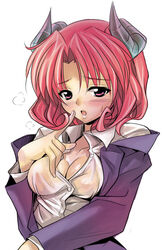 babel_mihashigo blazer bludgeoning_angel_dokuro-chan blush bokusatsu_tenshi_dokuro-chan breasts cleavage horns mihashigo_sabato no_bra pink_eyes pink_hair school_uniform see-through seifuku sheer short_hair