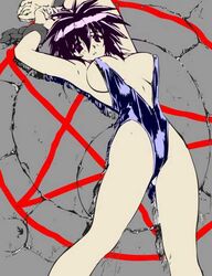 1990s 1999 1girls 20th_century armpits arms_up black_hair bondage breasts chains colored convenient_censoring edit female large_breasts melfina mogudan one-piece_swimsuit outlaw_star pale-skinned_female pale_skin pentagram purple_eyes red_eyes short_hair solo swimsuit