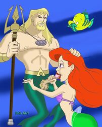 aquaman aquaman_(series) ariel ariel_(the_little_mermaid) bad_guy crossover dc_comics dcau disney disney_princess female fish flounder justice_league justice_league_unlimited male penis testicles the_little_mermaid the_little_mermaid_(1989_film)