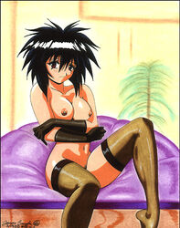 1girls 2002 black_hair breasts female james_bender large_breasts light-skinned_female light_skin melfina nipples outlaw_star short_hair sitting solo tagme thighhighs