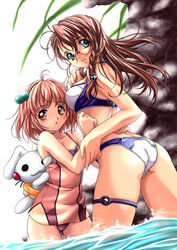 back bikini blue_eyes braid brown_eyes brown_hair bunnie bunny butt female female_only glasses long_hair looking_back m.o.m.o. momo multiple_girls nagayori pink_hair shion_uzuki stuffed_animal stuffed_toy swimsuit uzuki_shion water xenosaga yellow_eyes