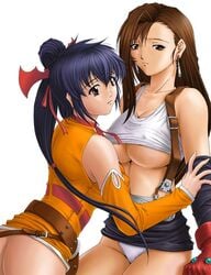 2girls ass belt blue_hair breasts brown_eyes brown_hair camisole detached_sleeves doujinshi earrings elbow_gloves erect_nipples female female_only final_fantasy final_fantasy_unlimited final_fantasy_vii fumizuki_misoka gloves hair_ribbon human jewelry large_breasts lisa_pacifist long_hair materia midriff miniskirt multiple_females no_bra no_panties panties ponytail ribbon skirt skirt_lift straight_hair suspenders tied_hair tifa_lockhart underboob underwear white_panties yuri