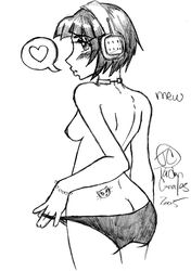 2005 areolae artist_request ass bangs big_ass black_hair black_panties blush bracelet breasts butt_crack character_name choker cowboy_shot dated female female_only headphones headset heart human jet_set_radio medium_breasts mew_(jsr) monochrome nipples panties panty_tug pencil_(artwork) short_hair sideboob simple_background solo speech_bubble spoken_heart tattoo topless traditional_media white_background