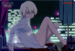 1girls arm_support barefoot blazer blonde_hair blue_eyes bottomless breasts city clothing curtains dress_shirt female ishihama_masashi large_breasts legs lipstick looking_back makeup medium_breasts night night_sky official_art open_clothes open_shirt phonecard r.o.d_the_tv read_or_die scan shirt short_hair silhouette sitting sky smile solo wendy_earhart window