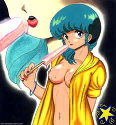 1girls blue_hair breasts female human ice_cream james_bender large_breasts light-skinned_female light_skin miss_ayumi nipples project_a-ko short_hair solo tagme teacher