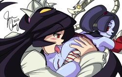 2girls anilingus ass bent_over black_hair blue_hair blue_skin blush clothing detached_collar detached_sleeves female filia_(skullgirls) hair hair_over_one_eye hi_res leviathan_(skullgirls) lips long_hair multi_mouth multiple_girls oral panties panties_aside pussy radlionheart red_eyes rimjob rimming samson_(skullgirls) school_uniform side_ponytail signature skullgirls smile source_request squigly stitched_mouth striped striped_panties striped_sleeves tongue tongue_out uncensored underwear x-ray yellow_eyes yuri zombie zombie_girl