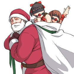 2girls babynine bag ball_gag barefoot beard blindfold bondage carrying christmas facial_hair feet gag gagged minato_fumi multiple_girls old_man original santa santa_claus santa_costume size_difference what