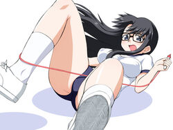 1girls black_hair blue_eyes breasts buruma clothing elf_k entangled erect_nipples erect_nipples_under_clothes female footwear glasses gym_uniform jump_rope long_hair open_mouth read_or_die socks solo yomiko_readman