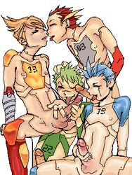 4boys android android_boy blonde_hair blue_hair crash_man erection foursome gay gemini_man green_hair group_sex handjob licking male male_only mega_man mega_man(classic) mega_man_2 mega_man_3 metal_man nipples oral penis pointy_ears red_hair robot robot_boy short_hair snake_man testicles text white_background