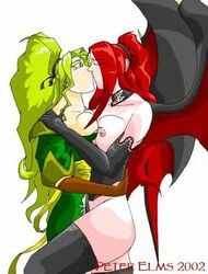 2002 blonde_hair breasts castlevania demon female kissing maria_renard multiple_girls peter_elms red_hair succubus succubus_(castlevania) yuri