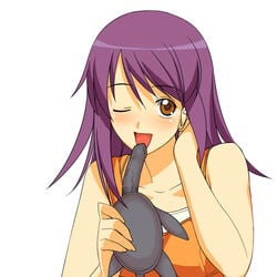 a1 adjusting_hair bare_shoulders blush clothing dildo kaleido_star licking naegino_sora open_mouth purple_hair sexually_suggestive shirt solo sora_naegino turtle wink yellow_eyes