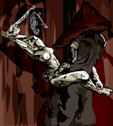 1boy 1girls 2d barefoot breasts demon female full_color leg_lock male maria_(silent_hill) nude nude_female pyramid_head sex silent_hill silent_hill_2 standing_sex straight succubus suspended_congress tagme