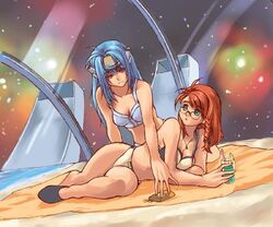 2girls beach bikini blue_hair breasts brown_hair female female_only glasses green_eyes jpeg_artifacts kos-mos long_hair multiple_girls namco navel red_eyes red_hair shion_uzuki space star swimsuit uzuki_shion xenosaga xenosaga_episode_i