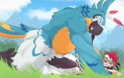 anthro anus ass avian ball_tuft balls beak big_penis blue_body blue_feathers bodily_fluids breath_of_the_wild brown_body brown_fur canid canine canis coyote cum cum_drip dripping duo feathers feet fur genital_fluids genitals hair hi_res imminent_sex isaacyote isaacyote_(artist) kass_(tloz) lying male male/male male_penetrating mammal nintendo on_back penetration penis penis_on_butt pinned pinned_to_ground poking_butt red_hair rito sex shy_smile size_difference spreading talons the_legend_of_zelda toes tuft vein veiny_penis white_body white_feathers white_fur yellow_body yellow_feathers