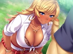 angelo_(gomahangetsu) bangle belt bikini_top blonde_hair blue_eyes blush bottomless bra_cups_sticking_out bracelet breasts censored cleavage collarbone dark_skin earrings erection female front-tie_top game_cg grass gyaru heart_necklace highres hoop_earrings huge_breasts jk_bitch_sannin_musume! kneeling kuro_gyaru legs leopard_print long_hair looking_at_another midriff miniskirt mosaic_censoring necklace outdoors penis plaid plaid_skirt sasamori_anna school_uniform shirt skirt smile solo_focus standing sweat swept_bangs thighs tied_shirt whooosaku