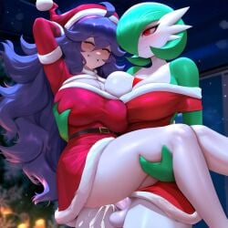 1boy 2girls ai_generated belt blue_hair blush breasts christmas cleavage closed_eyes dress female futa_on_female futa_with_female futanari gardevoir gen_3_pokemon green_hair hair_over_one_eye hat hex_maniac large_breasts long_hair multiple_girls penis pokemon pokemon_(creature) pokephilia red_dress red_eyes santa_costume santa_hat sex short_hair smile uncensored vaginal_penetration