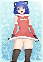 blue_hair cat_ears cleavage cyan_(show_by_rock!!) elbow_gloves fangs female female_only gloves green_eyes looking_at_viewer necrosmos open_mouth pussy show_by_rock!! snowflake solo thighhighs