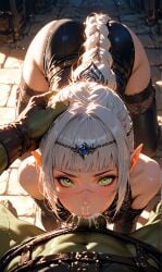 1girls ai_generated all_the_way_to_the_base baldur&#039;s_gate_3 blowjob blush braided_hair cum_in_mouth cum_in_nose deepthroat green_eyes head_grab irrumatio looking_at_viewer orc_male pov scar shadowheart white_hair