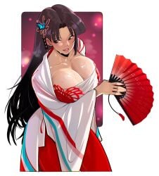 1girls alternate_costume black_hair breast_hold breasts brown_eyes butterfly_hair_ornament cleavage clothed fatal_fury female folding_fan hair_down holding_fan huge_breasts japanese_clothes king_of_fighters kukumomo large_breasts long_hair mai_shiranui mai_shiranui_(street_fighter_6) official_alternate_costume pants red_pants snk solo street_fighter street_fighter_6 sweat sweaty_breasts wide_sleeves