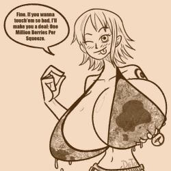 bikini_top deterex525 huge_breasts lactation_through_clothes monochrome nami nami_(one_piece) one_piece