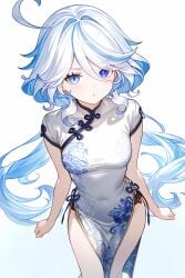 1girls ai_generated alternate_costume asian_clothing blue_eyes china_dress dress female female_only fully_clothed furina_(genshin_impact) genshin_impact heterochromia hips looking_at_viewer pelvic_curtain petite pout slim_waist solo white_hair