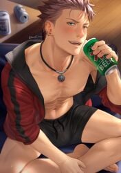 1boy abs alcohol barefoot beer blue_eyes blush dan_(mondi_xxx) earrings fangs indoors jewelry looking_at_viewer male male_only mondi_xxx muscular muscular_male necklace nipples open_shirt original pecs red_hair sitting smile solo