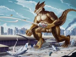 aircraft airplane airport anthro balls bodily_fluids brutus(carpo) building city claws crush cum destruction detailed_background dragon erection feet foot_crush genital_fluids genitals hi_res macro male male/male masturbation micro muscular mythological_creature mythological_scalie mythology nude outside penetrable_sex_toy penile penis rampage scalie sex_toy sky solo stomping tail thb886 toe_claws vehicle