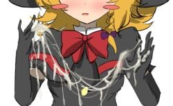 artist_request black_capelet black_vest blush bow bowtie capelet cookie_(touhou) cum cum_on_hand cum_play cum_string elbow_gloves marisa_kirisame meguru_(cookie) open_mouth purple_bow red_bowtie short_hair side_braid tagme touhou yellow_hair