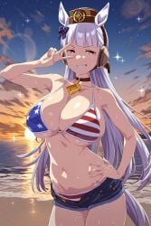 ai_generated american_flag_bikini animal_ears bikini_under_shorts ear_muffs female gold_ship_(umamusume) horse_girl long_hair pink_eyes ribbon_in_hair silver_hair smiling umamusume umamusume_pretty_derby