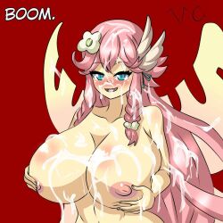 blue_eyes blush cum cum_on_breasts cygames dragalia_lost fairy fairy_wings female female_only fully_nude nintendo notte notte_(dragalia_lost) nude nude_female pink_hair puffy_nipples self_grope showing_off squish victorcrowe